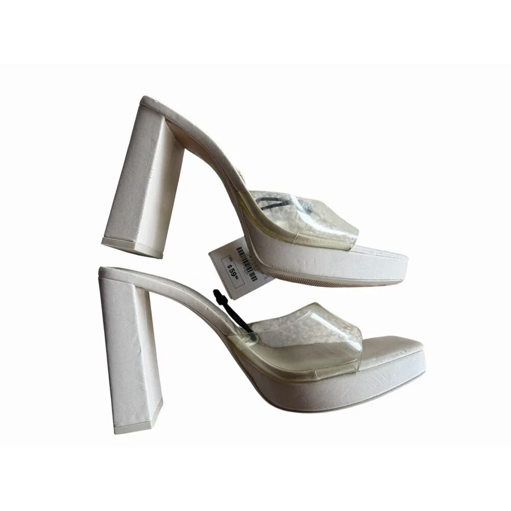Zara Womens Square Toe Block Heels Size 37 6.5 Cream Wedding Bridesmaid Bridal